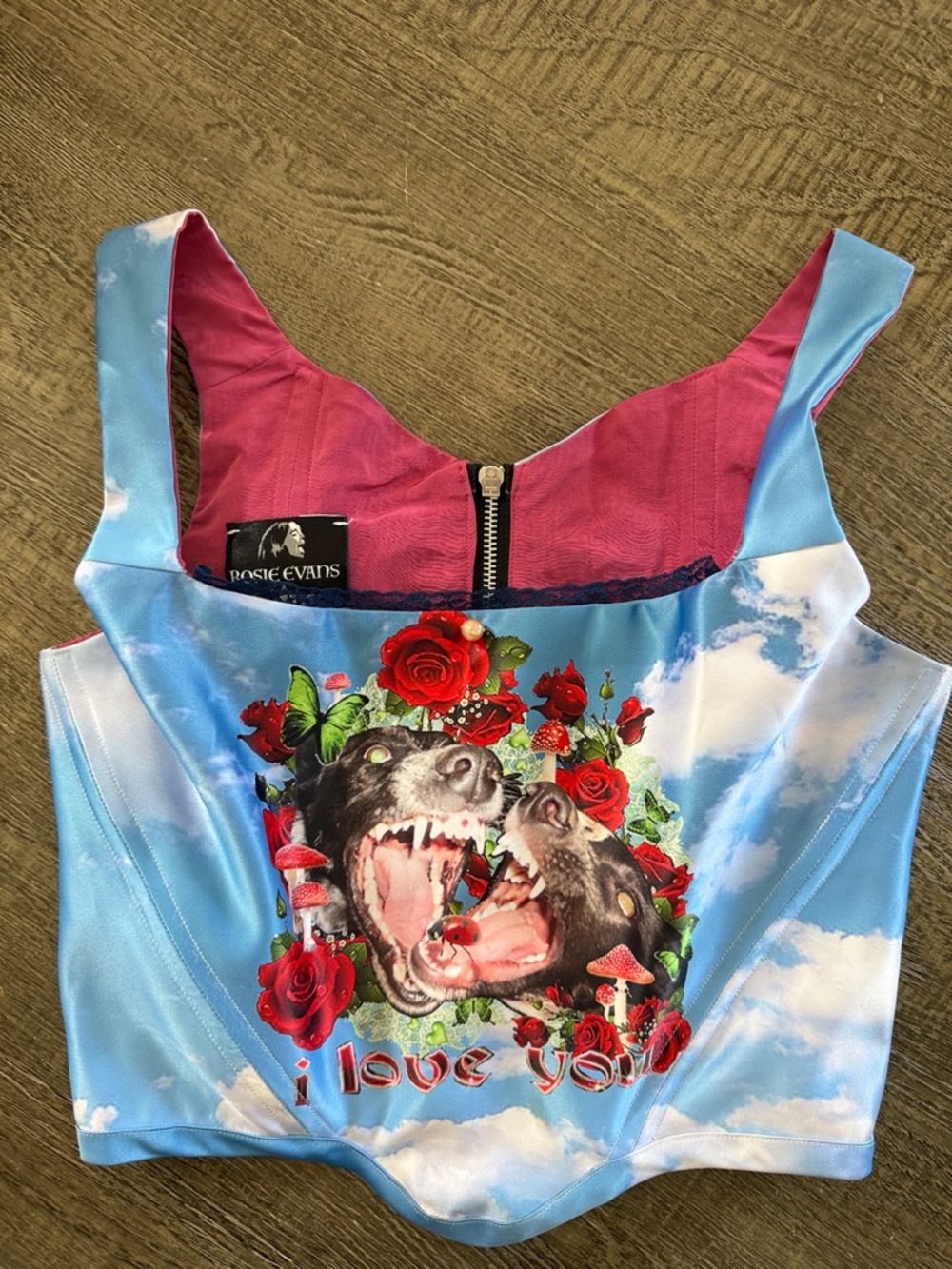 Rosie Evans Women's Sky Blue Floral Wolf Graphic Crop/ corsetTop